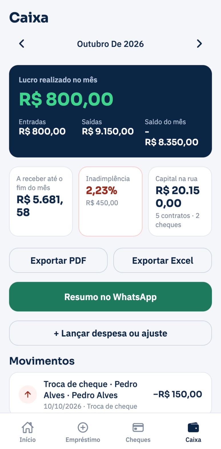 Caixa do mês com lucro, entradas, saídas e inadimplência