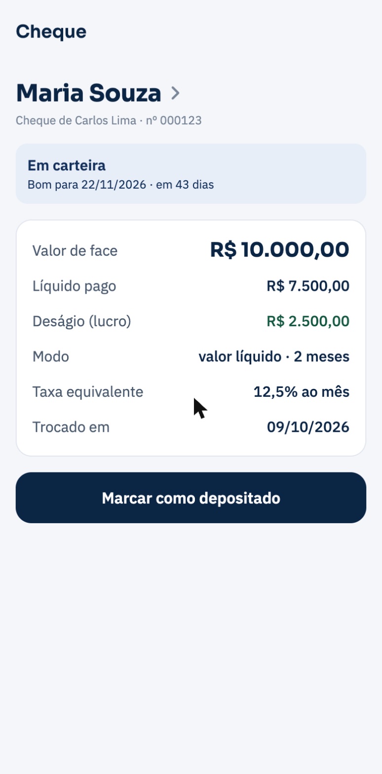Cheque trocado: valor de face, líquido pago e deságio