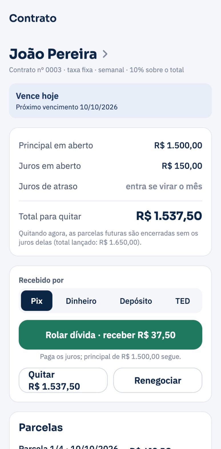 Contrato: saldo, total para quitar, botões rolar, quitar e renegociar