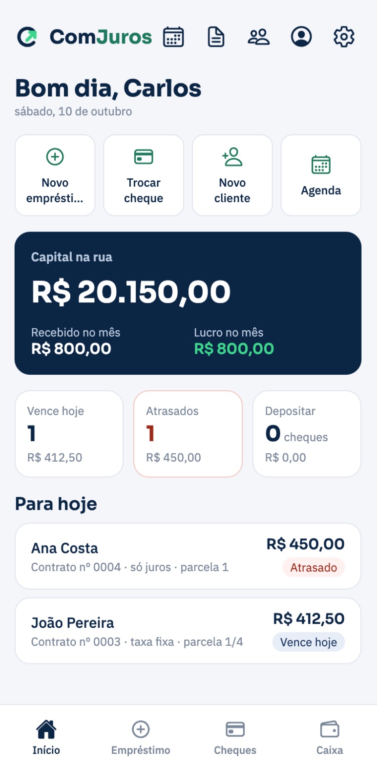 Tela inicial do app ComJuros mostrando capital na rua, parcelas que vencem hoje e atrasados